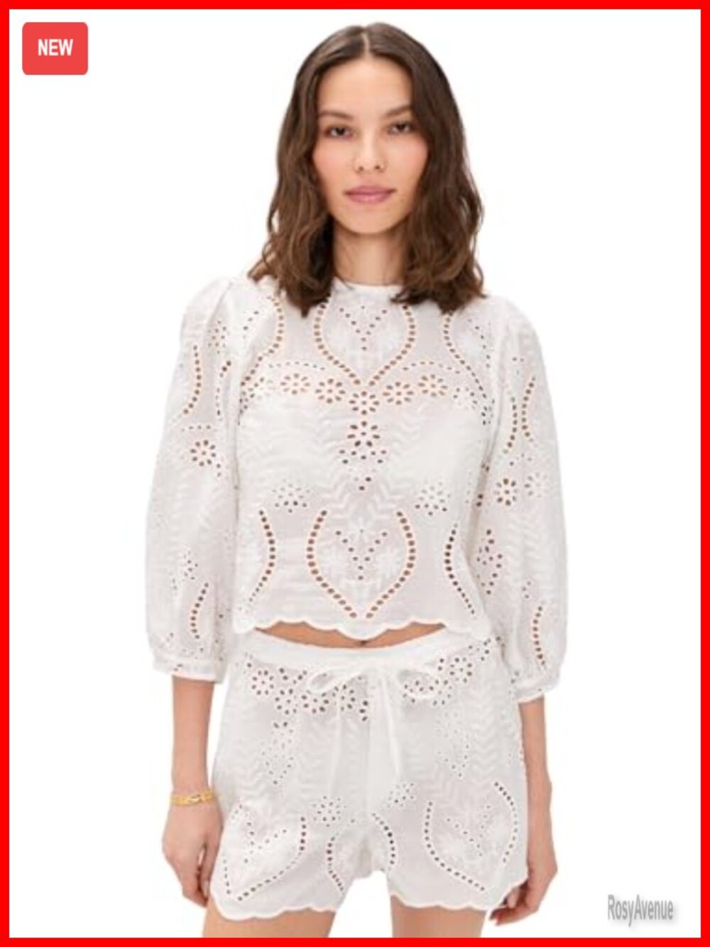 Lightweight Poplin Blouse with Eyelet Detail Scalloped Hem